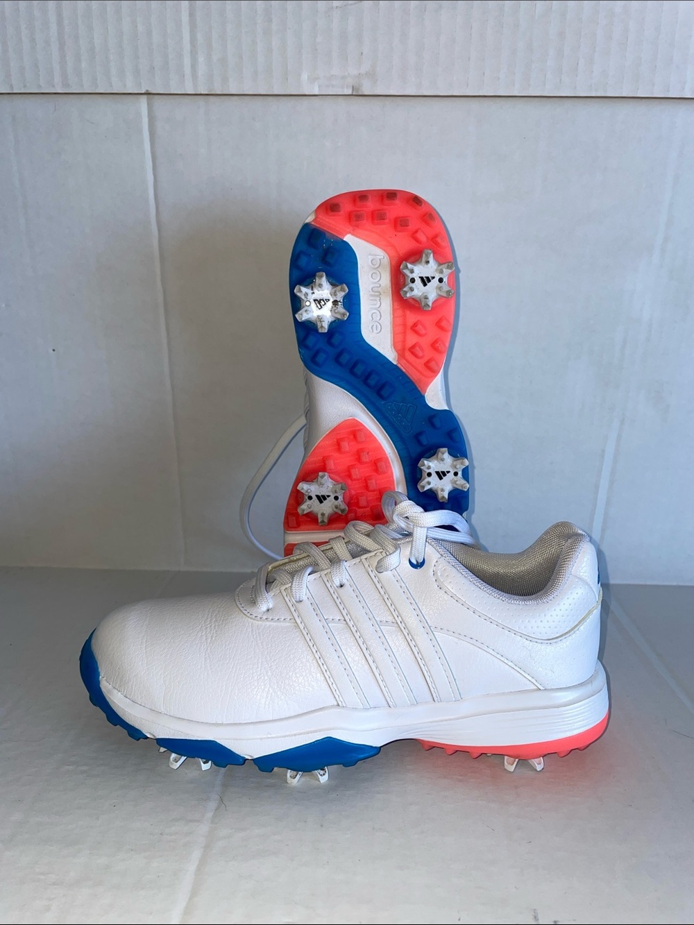 adidas Kids Side 3 1/2 White Golf Sneakers with Blue and Coral Outsole